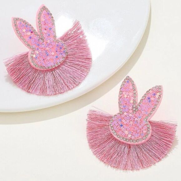 Pink Sequined Easter Bunny Fringe Earrings - Picture 6 of 7